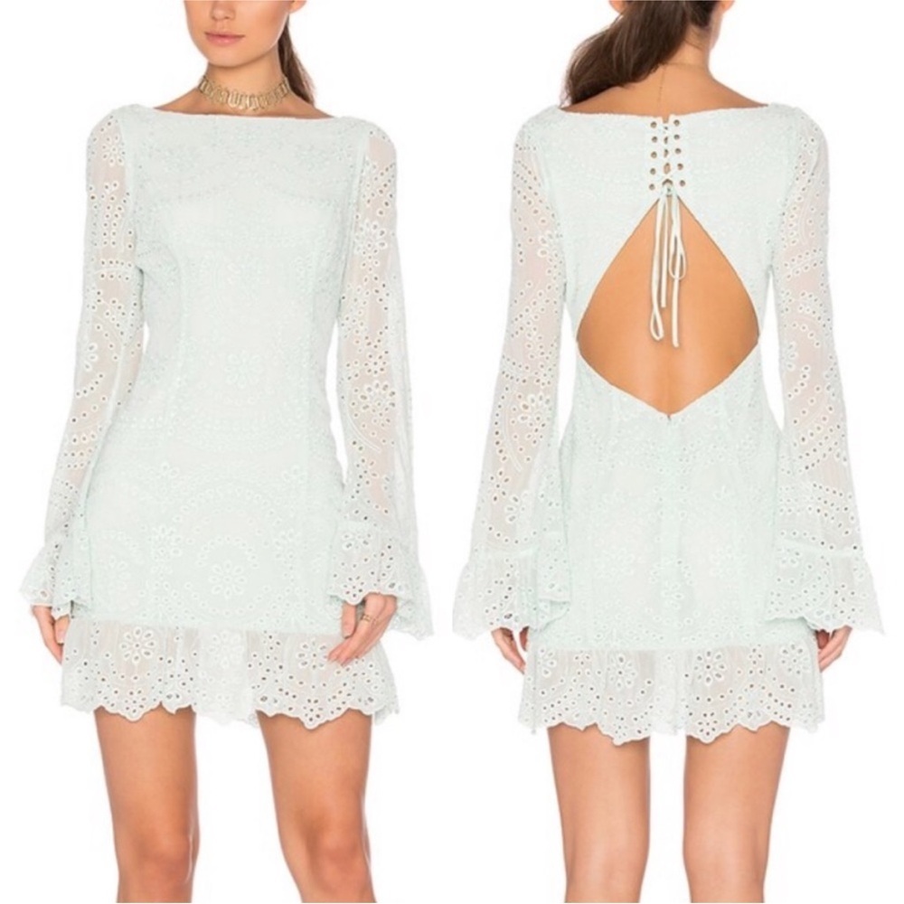Majorelle Esmeralda Mini Dress Mint Eyelet Open Back Lace-up Crochet